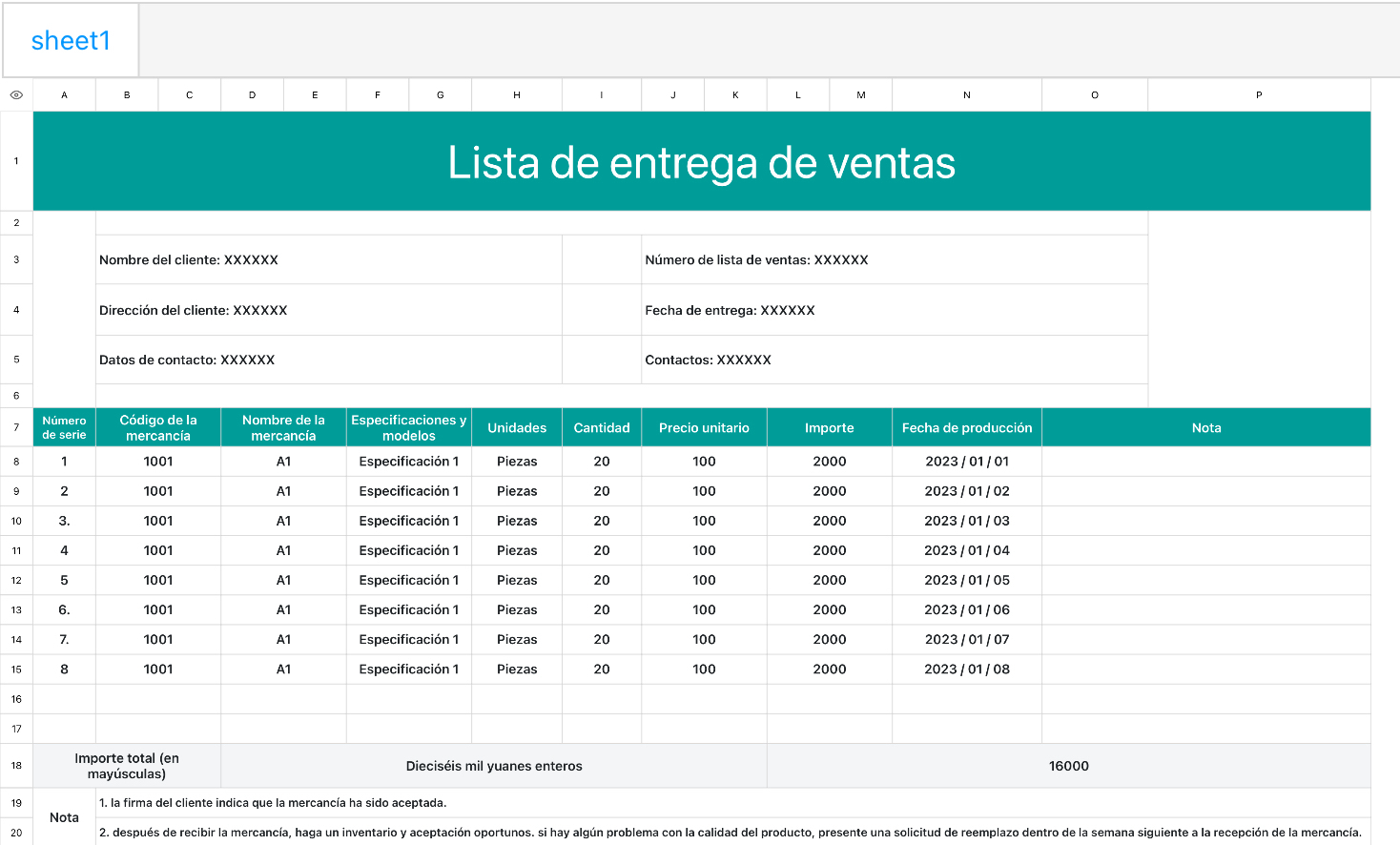 Lista de entrega de ventas